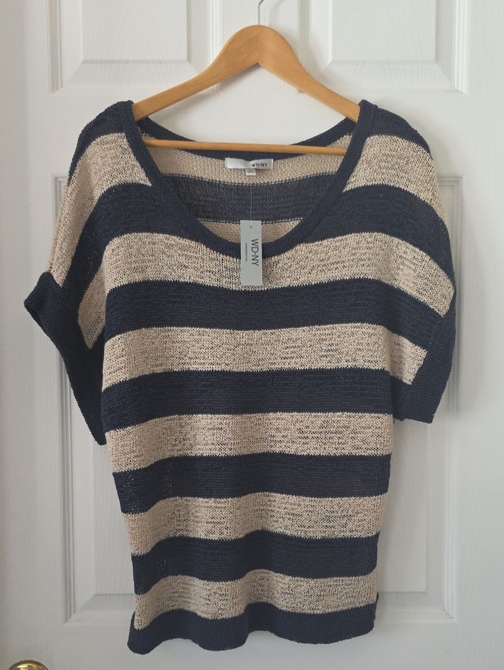 Relaxed Scoop Neck Striped Sweater in Navy and Beige Layering Piece XL
